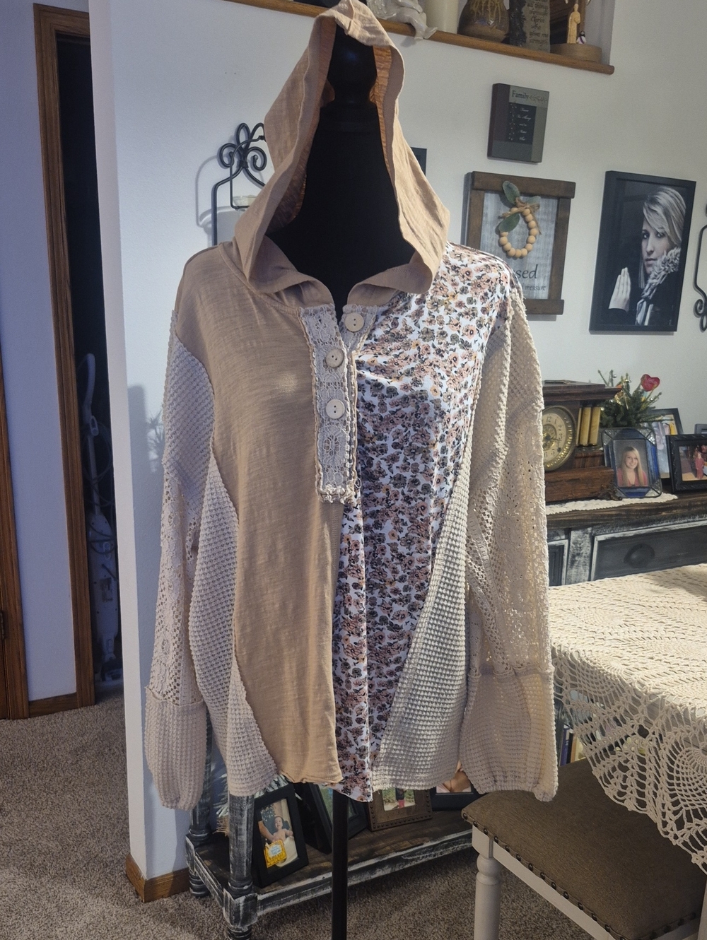 BiBi Beige Patchwork Hooded Top with Floral Panel - Picture 2 of 13